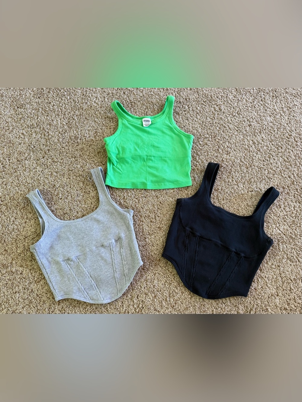 Victoria’s Secret Cropped Tank Tops - Neon Green, Light Gray, Black
